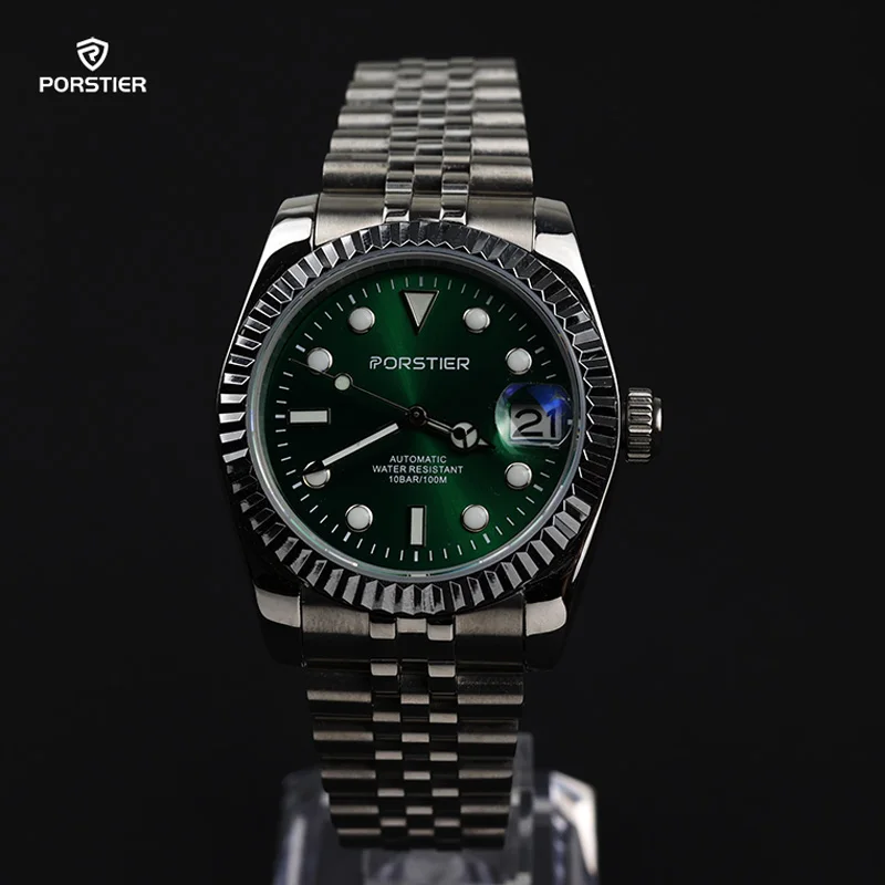 PORSTIER 36mm NH35 Men Watch Automatic Mechanical Classic Green Dial Date Luminous Sapphire Stainless Steel Waterproof Watches