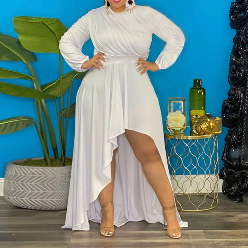 Solid Round Neck Plus Size Spring Autumn Clothes for Women Pleated Patchwork Ruffles Long Sleeve Casual Irregular Maxi Dresses