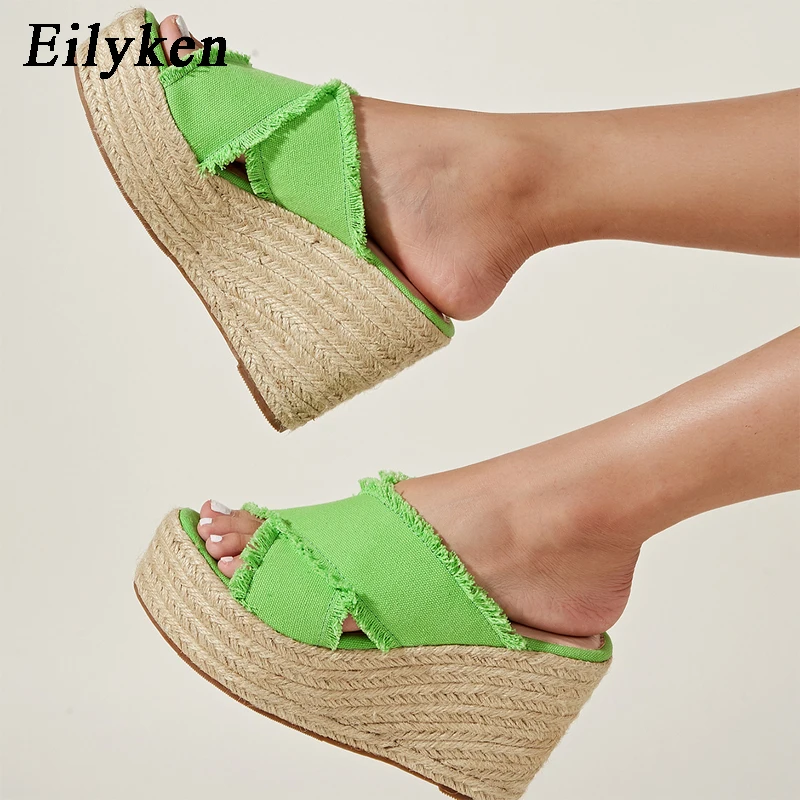 

Eilyken 2022 New Platform Open Toe Weave Straw Wedge Woman Slippers Summer Thick High Heels Party Female ROME Shoes