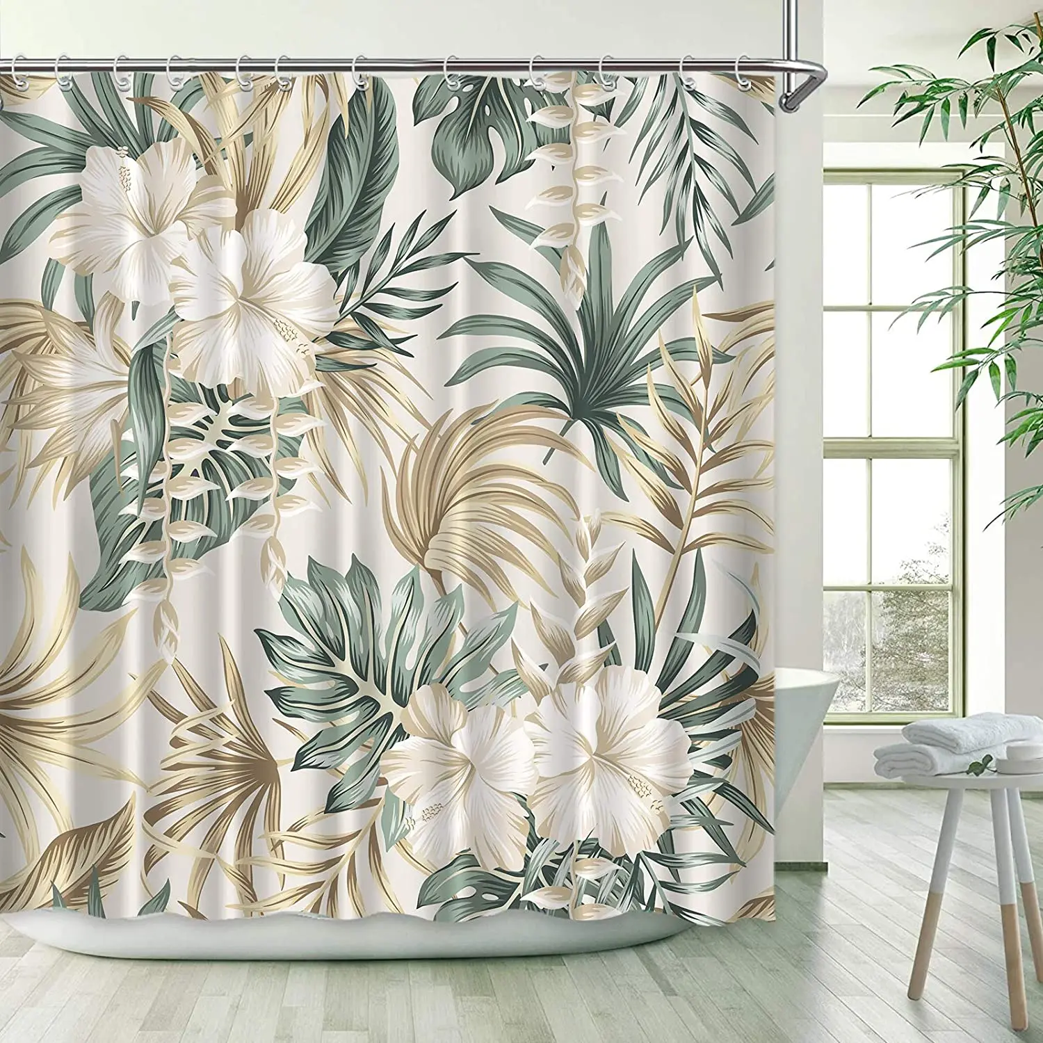 

Тропические занавески с зелеными растениями и пальмовыми листьями для ванной комнаты, занавески для душа из ткани джунглей, водонепроницаемые занавески с крючками для украшения экрана ванной комнаты
