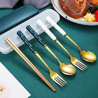 creative ceramic handle stainless steel cutlery set portable travel tableware gold chopsticks fork spoon utensils for kitchen