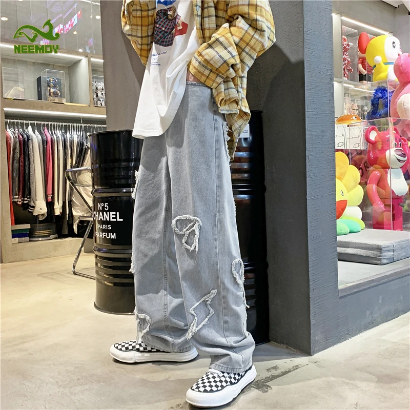 Neemoy Jeans Patches Losse Verontruste Fashion Cargo High Street Ins Gewassen Denim Streetwear Broek Jeugd Hip-Pop Hot Sale