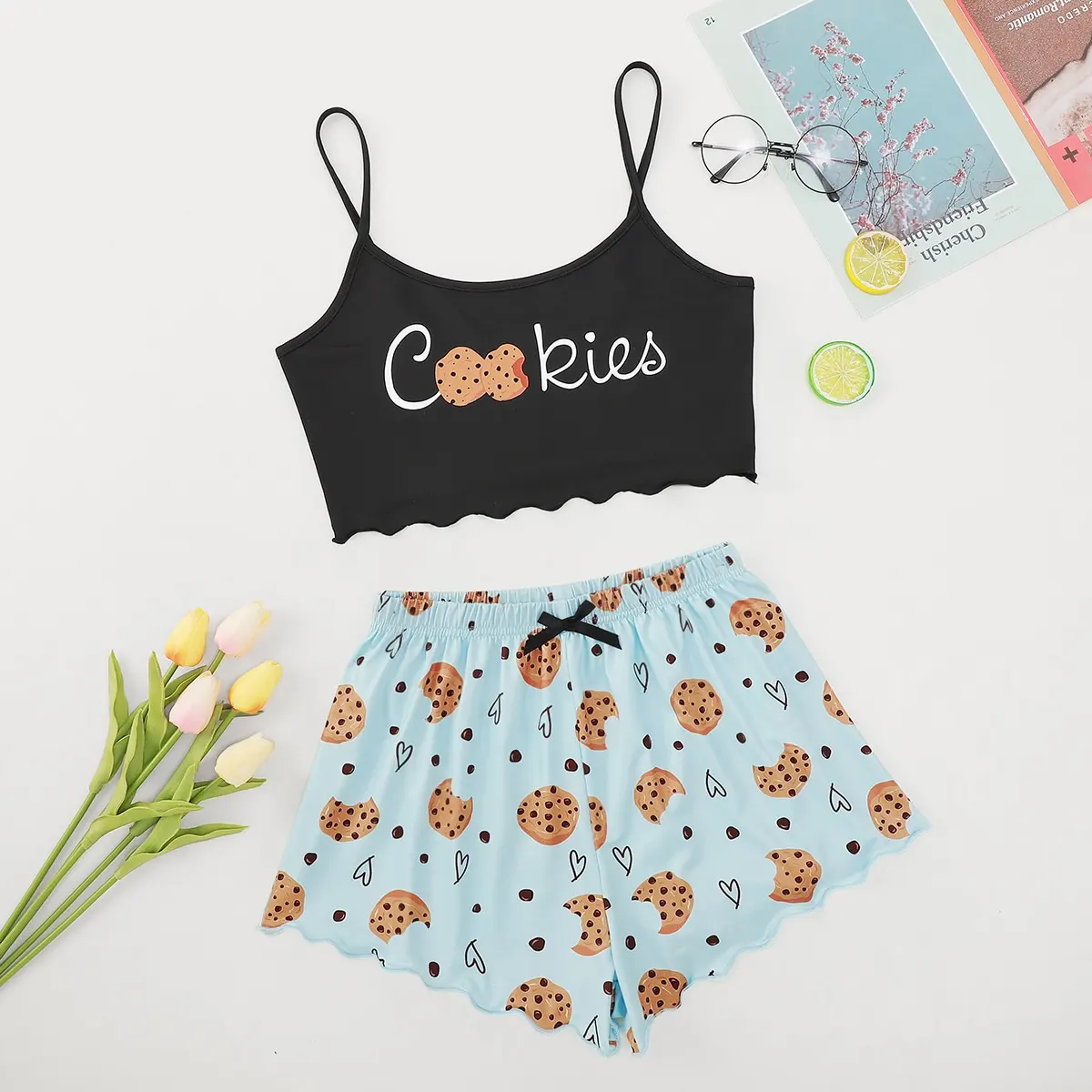 Cartoon Printed Pajamas Women's Suspender Cami Short Underwear Nightdress Set Stylish Sexy Home Women's Underwear Nightdress Set