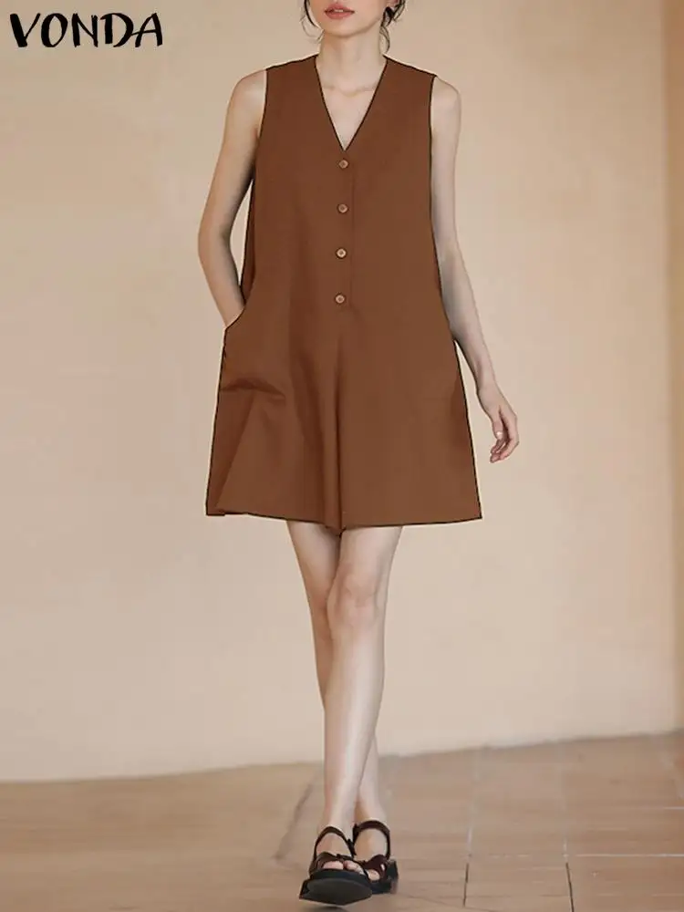 

2023 Summer Women Jumpsuits VONDA Fashion Sexy Sleeveless V-Neck Playsuits Casual Short Summer Jumpsuits Pockets Party Romper