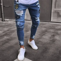 spring and summer printing hole new mens jeans slim fit elastic casual youth trousers mens badge zipper mid waist pencil pants