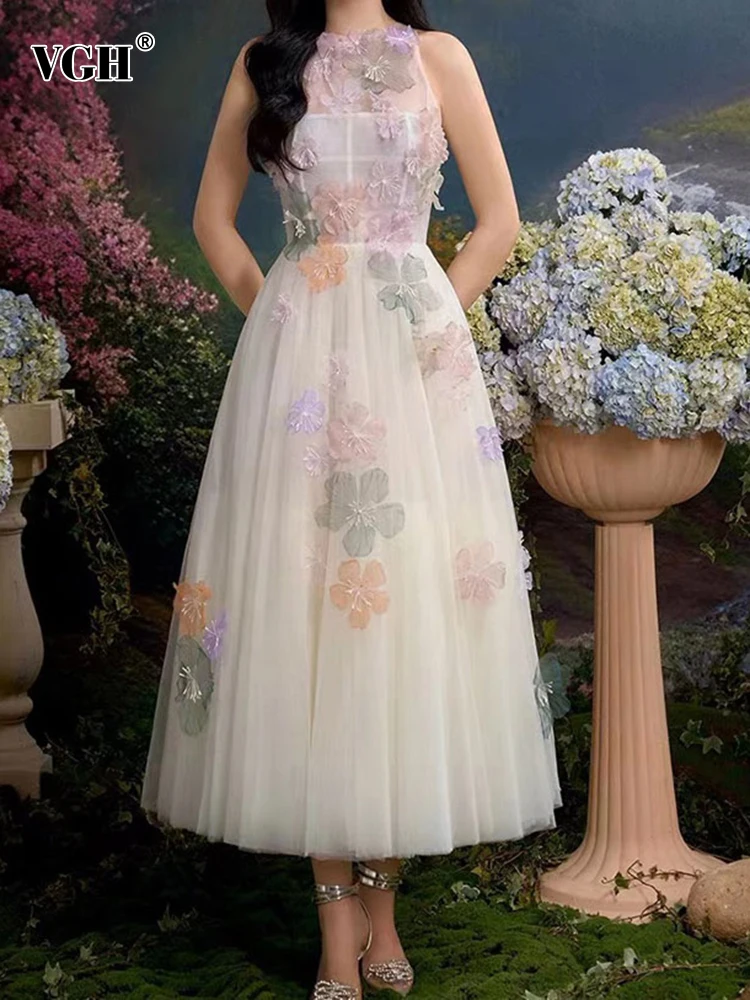 

VGH Elegant Spliced Floral Dresses For Women Round Neck Sleeveless High Waist Sheer Mesh Casual Dress Female Fashion Clothes New
