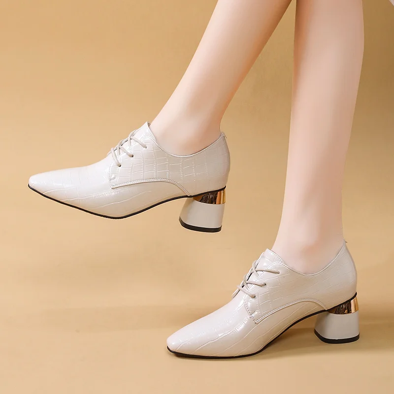 

Pointed New Women Toe Dress Shoes Chunky High Heels Lace Up Bare Boots Embossing Patent Leather Office Lady Shoes White