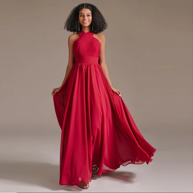 

Lover Kiss Red Halter Neck Bridesmaid Dresses For Women Pleated Chiffon Backless Long A-line Women Party Prom Gown Hollo