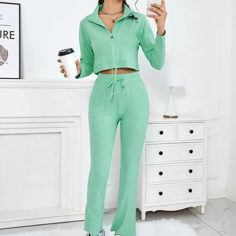 New Solid Drawstring Breathable Shockproof Gathering High Waist Hip Pants High Neck Zipper Slim Fit Top Sports Fitness Yoga Set