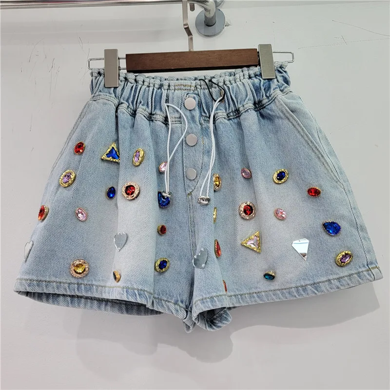 Heavy Color Diamond Denim Shorts for Women Elastic High Waist Loose Slimming Wide Leg Jeans Shorts 2023 New Summer Short Femme