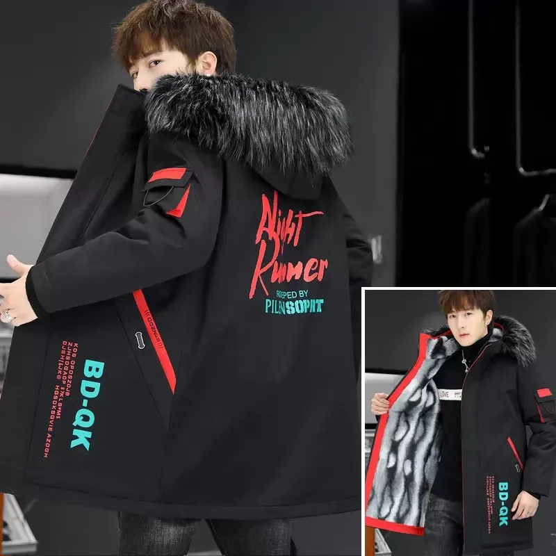 UHYTGF Thicken Warm Winter Coat Men's Quality Lamb Cashmere Down Cotton Hooded Windproof Parkas Jackets Male Youth Overcoat 154