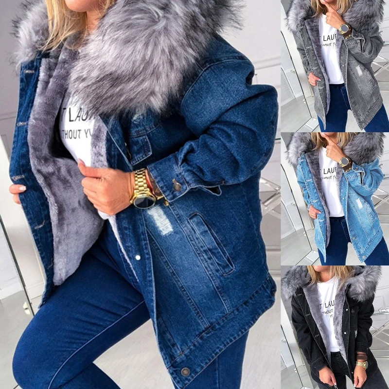 2023 Fashion  Winter Elegant Warm Single-breasted Mid-length Jacket Plush Thick Fur Collar Slim-fit Single Breasted Denim Jacket