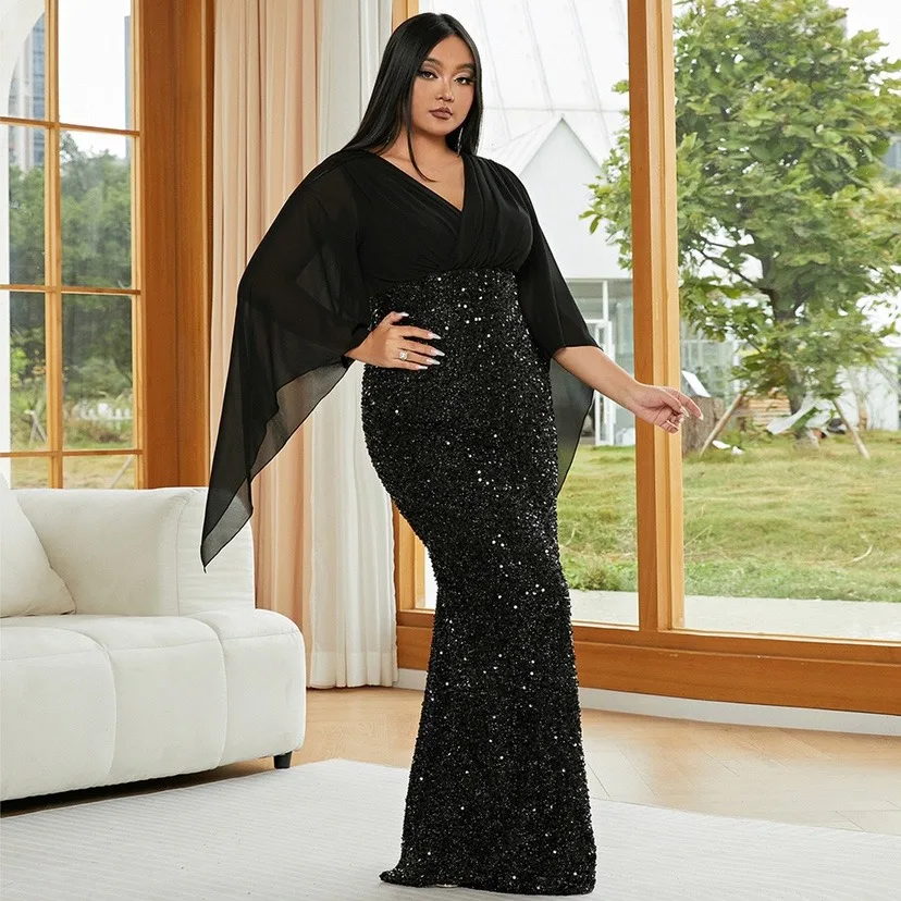 Plus Size 4XL5XL Luxurious Sequin Dress Bodycon Party Dance Gorgeous Plus Size Elegant V Neck Chiffon Glitter Dress