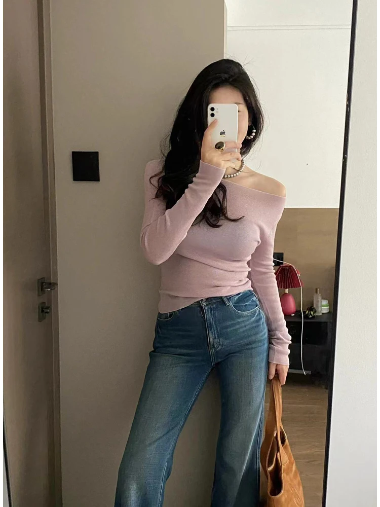 Plus Size Elegant Gentle Sle Sloping Shoulder Long sleeve Knit Women Autumn Casual Fashion Simple Chic Slim fit Slimming Vers...
