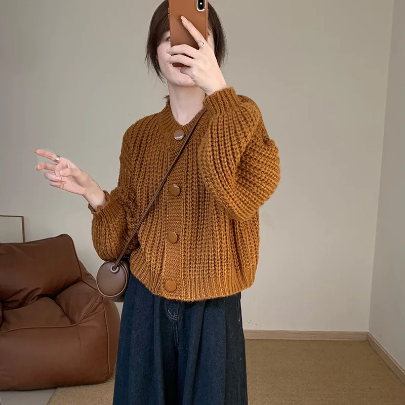 

Осень 2023 Новинка Ленивый Стиль карамельные цвета короткий свитер Корейская версия Повседневный модный топ с круглым вырезом трикотажная одежда 104