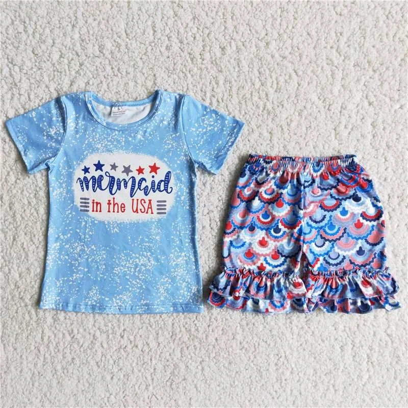 

4th of July Mermaid Ruffles Shorts Set Boutique Children Clothes Baby Toddlers Little Girls Summer Outfits