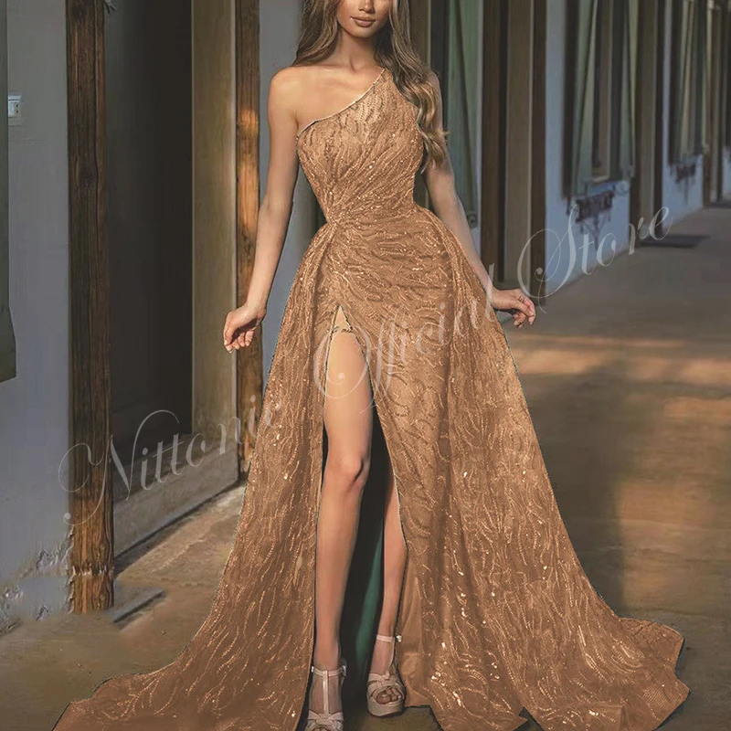 

New Sequined Prom Dresses for Woman One Shoulder Floor-Length A-Line Side Slit Formal Occasion Vestidos Para Mujer فستان 2023