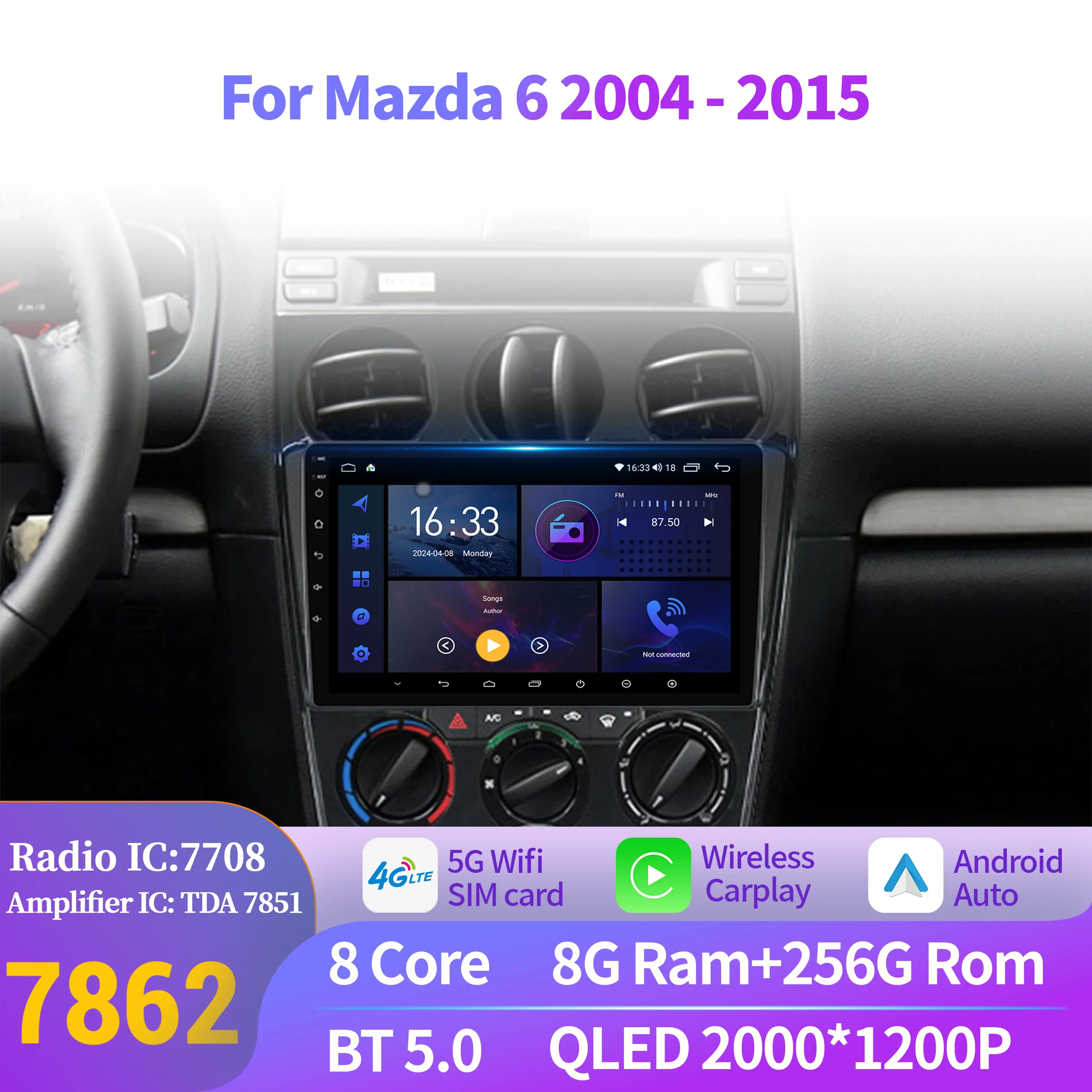 Фото Автомобильный радиоприемник Android 14 для Mazda 6 2004-2015, навигация, беспроводной Bluetooth Carplay, мультимедийный экран 7862 8 + 256 2K QLED №1
