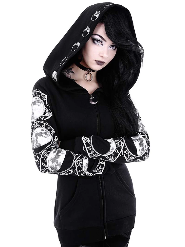5XL Gothic Punk Women Print Long Sleeve Hoodies Sweatshirts Casual Zipper Jacket Hooded Tops Female Autumn Winter Black Hoodies.