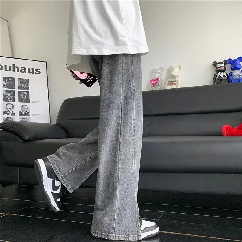 Men Jeans Summer Loose Washed-out Split Jeans Streetwear Vintage Korean Style Jeans Men Mid-Waist Denim Straight Wide-Leg Pants