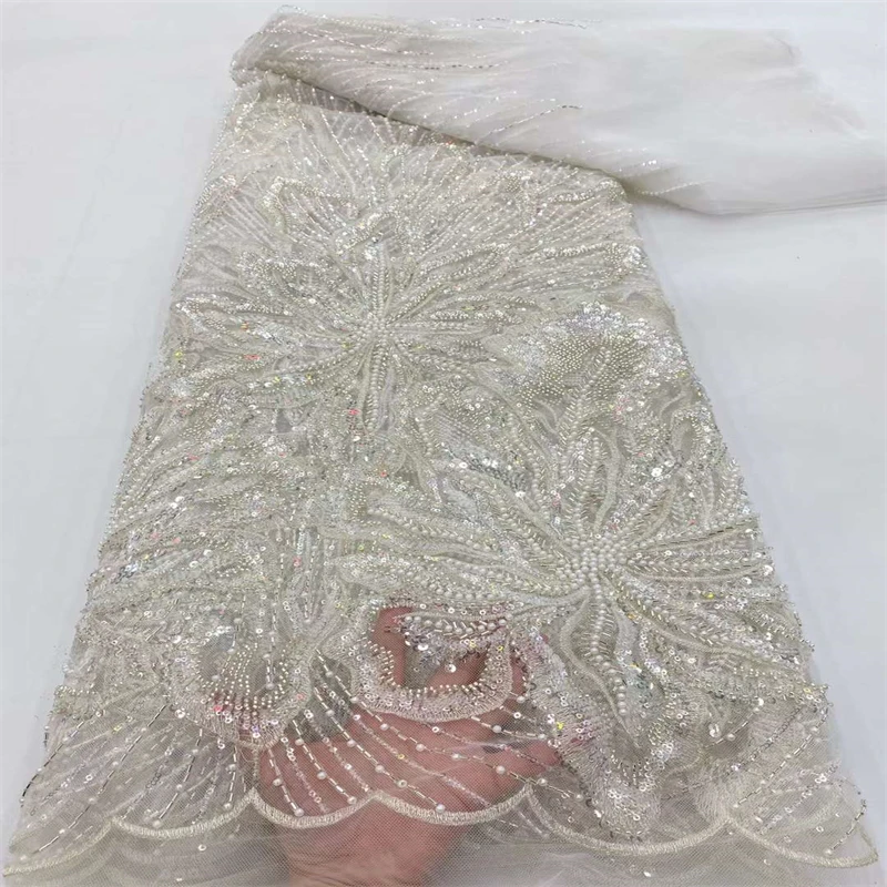 

Белая 2022 новейшая элегантная африканская вышивка в нигерийском стиле с бисерными блестками кружевная ткань тюль кружево для свадебного пл...