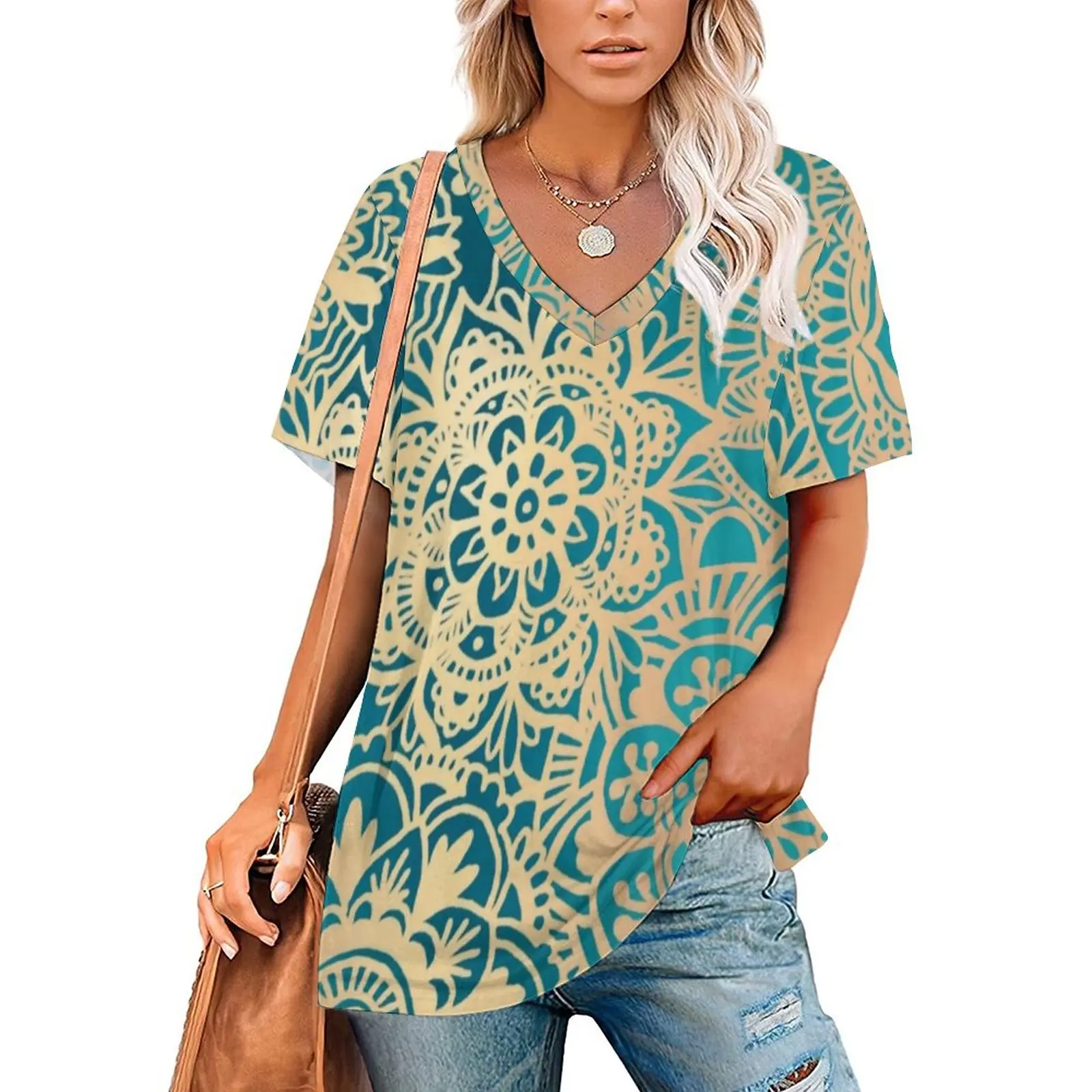 

Gold Mandala T Shirt Retro Bohemian Print Hip Hop T Shirts V Neck Short Sleeve Pattern Tshirt Women Casual Top Tees 2XL 3XL 4XL