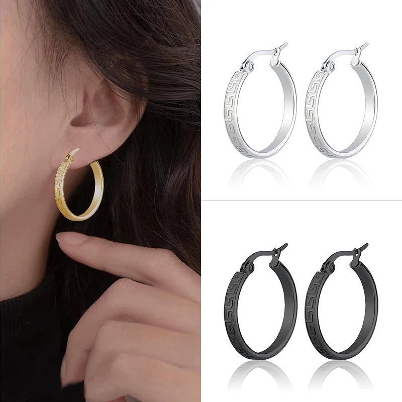 

Goth Big Circle Earrings Wide Ring Hoop Earrings Women's Great Wall Jewelry Stainless Steel Accessories