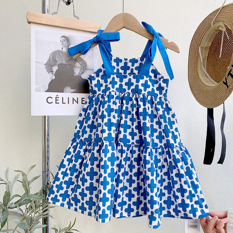 

Girls Tank Top Dress 2022 Summer New Children's Fashionable Sleeveless Pattern Frocks Baby Beach Strap Clothing Match Outfits
