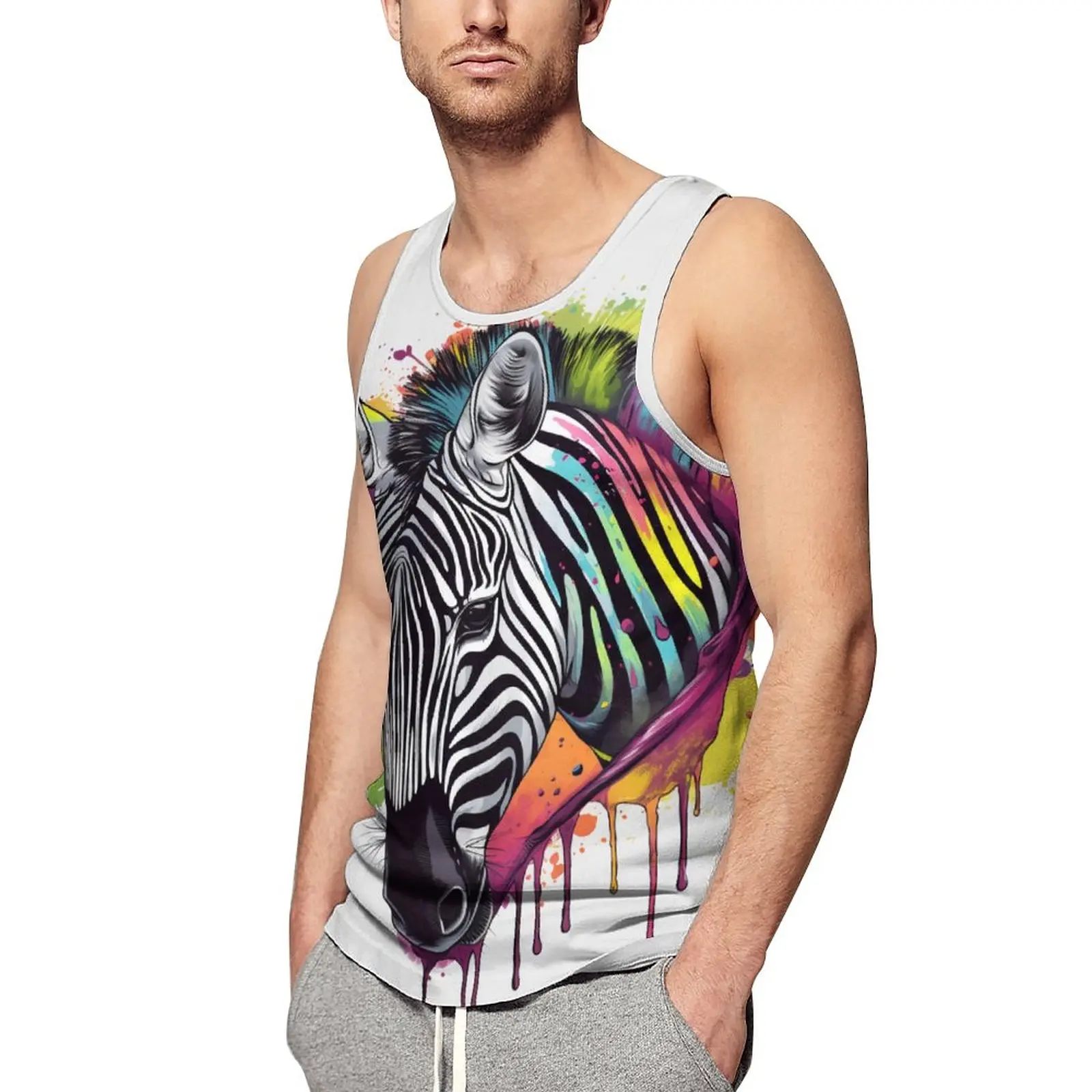 

Zebra Tank Top Man Psychadelic Grafitti Gym Oversize Tops Beach Fashion Graphic Sleeveless Vests