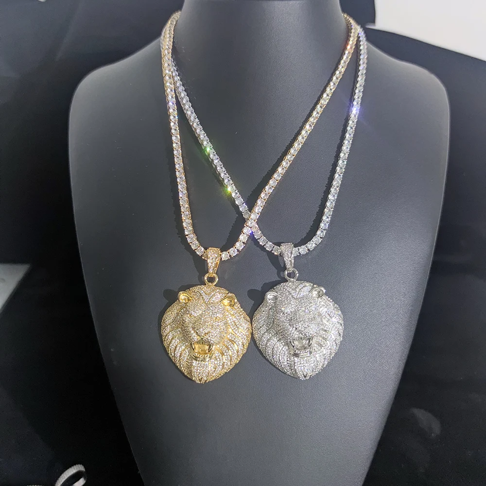 

Hip Hop Party Jewelry Fashion Iced Out Zircon Inlaid Animal Big Lion Head Pendants Necklace Double Color For Men