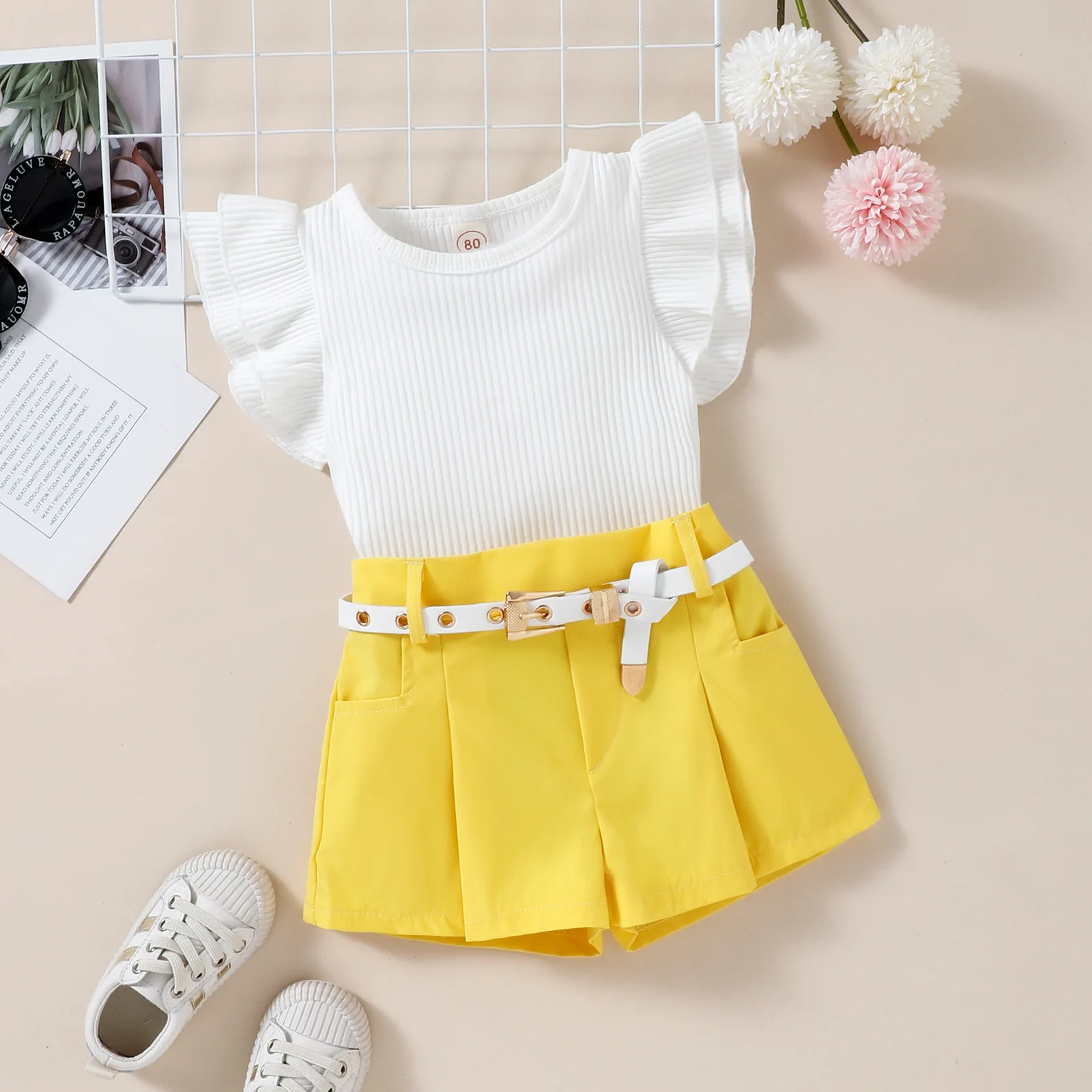 Infant Baby Girls Outfit Set Pit Fly Sleeve Belt Shorts Three-piece Suit New Born Baby Girl Clothes Newborn Clothes