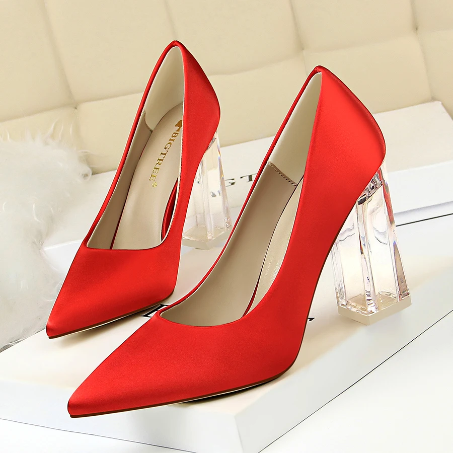 

Women Block 10cm High Heels Lady Scarpins Green Satin Pumps Female Wedding Yellow Blue Silk Transparent Shoes