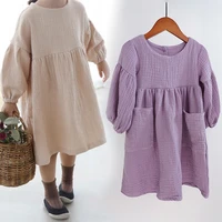autumn spring childrens clothes organic cotton double gauze loose pockets baby girls dress fashion princess casual kids dresses