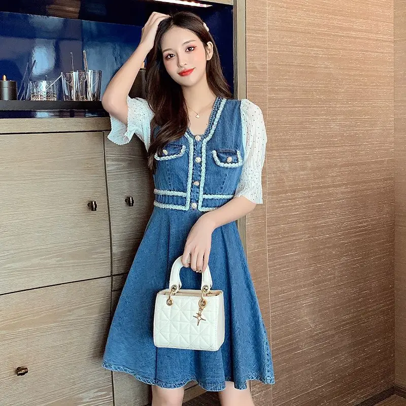 

COIGARSAM Women's Summer Dress French Style Vintage Polka Dot Patchwork V-Neck Blue Dresses Dropshipping