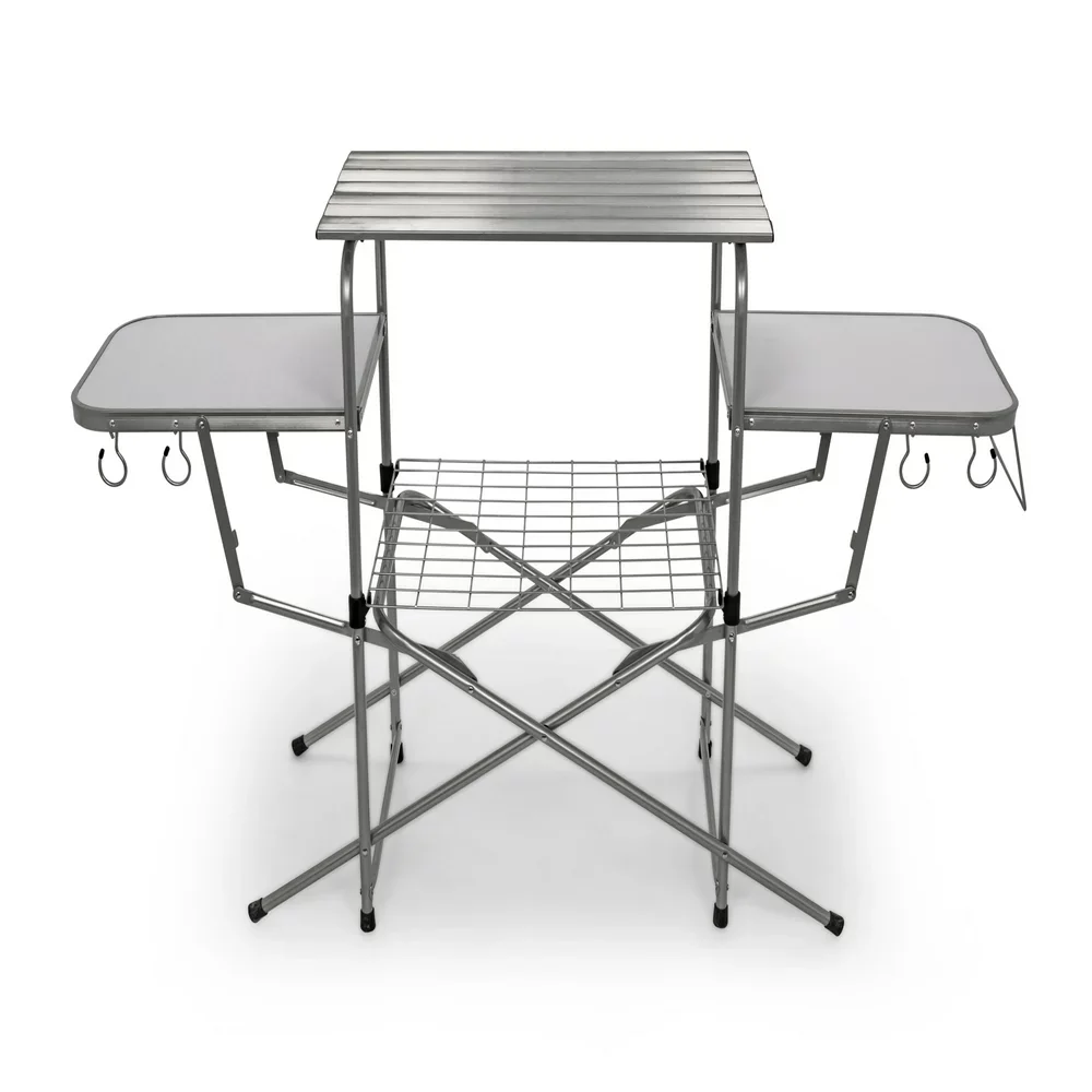 

Deluxe Folding Outdoor Steel Grill Table with Side Tables, Hooks, and Case