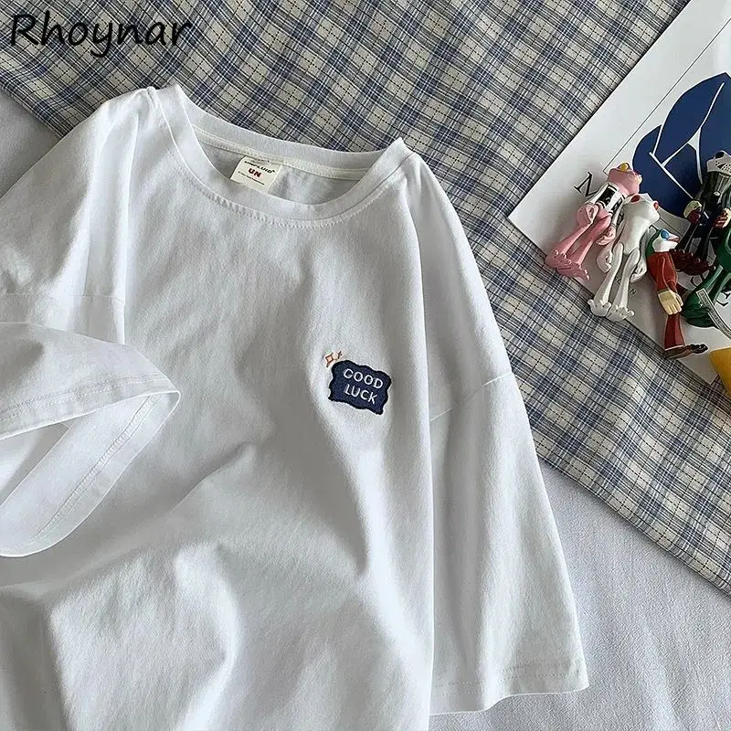 

Short Sleeve T-shirts Women Summer Trendy Simple Girls Cute Comfortable Elegant O-neck Embroidery Tops Loose Ulzzang Casual New