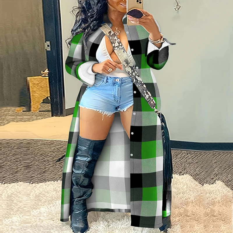 

Новые модные новые женские повседневные пальто в клетку с принтом 2023 осень зима воротник с лацканами однобортные офисные женские длинные фотопальто