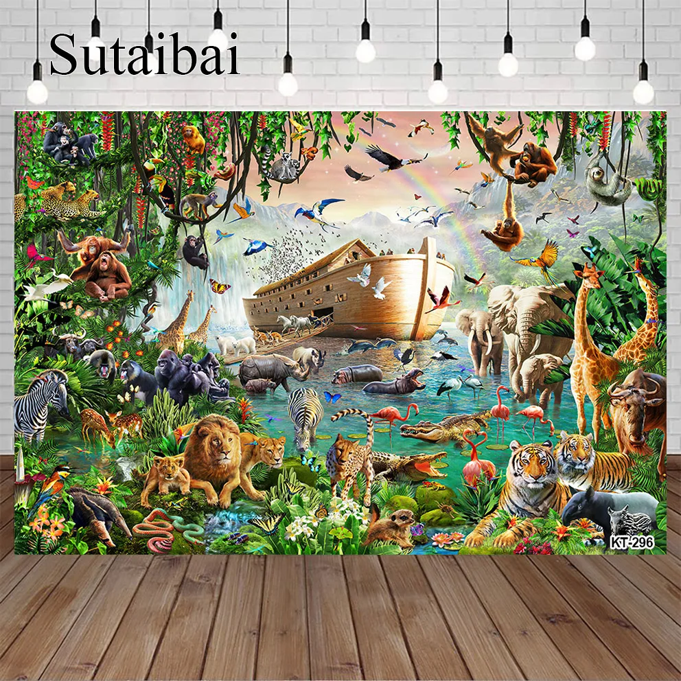 Noahs Ark Baby Shower Backdrop Happy Birthday Party Background Safari Birthday Decoration Wild Animals Kingdom Jungle