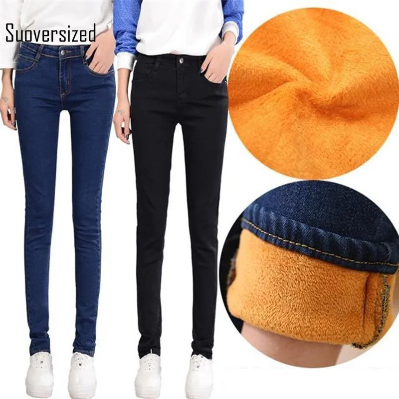 

Suoversized Winter Thickened Black Velvet Soft Jeans Warm Skinny Jeans For Elastic High Waist Denim Pants Snow Wear Trousers