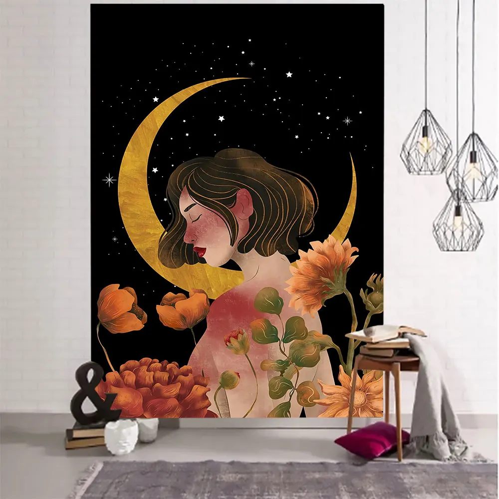 

Moon Girl Tapestry Hippie Wall Hanging Psychedelic Woman Art Starry Sky Moon black Tapestries Home Decor For Living Room Bedroom