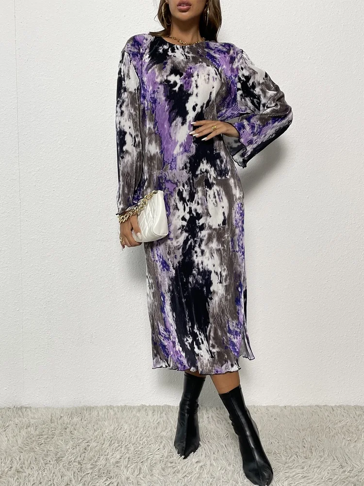 

Toppies Vintage Long Dress Popular Full Sleeve Loose Printed Pleated Women Dress Elegant Robe Dress