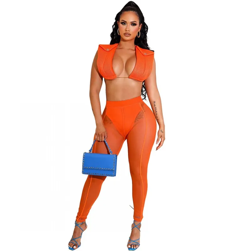 

2 Pieces Pants Sets Women Outfits Solid Color Crop Tops High Waist Trousers Skinny Sexy Evening Night Party Club Pants Sets