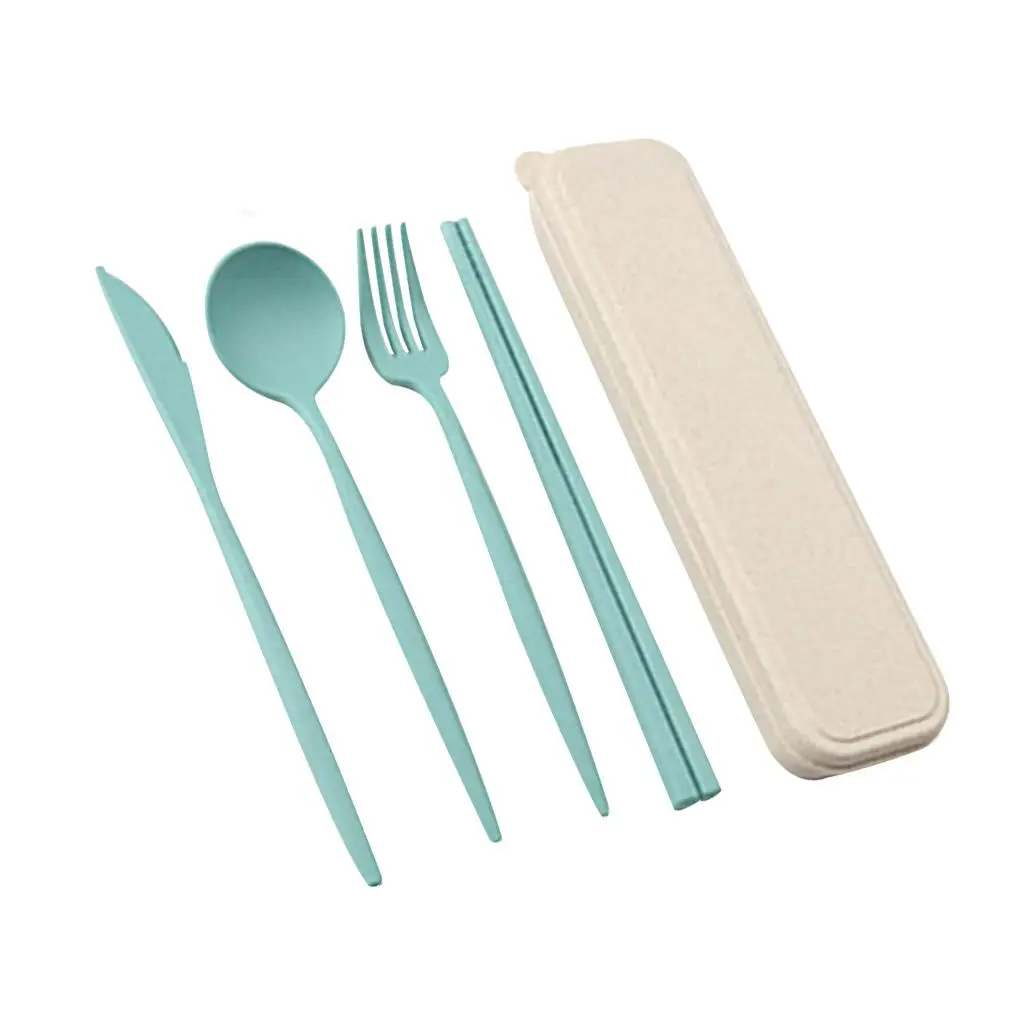 

4Pcs/Set Table Cutlery Set Creativity Wheat Straw Fork Chopsticks Spoon Portable Reusable Tableware Set With Storage Box