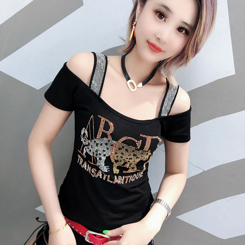 

Black Green Casual Sexy Off Shoulder T Shirt Women Slash Neck Basic T-shirt Diamonds Slim 2022 Summer Womens Tee Shirts Cotton