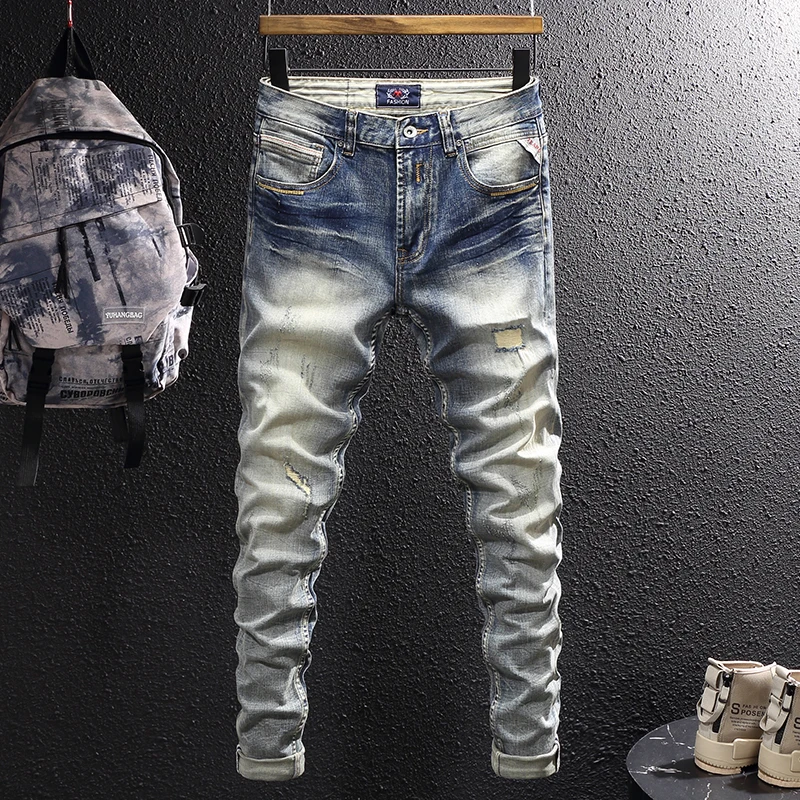 Newly Designer Fashion Men Jeans Retro Blue Elastic Stretch Slim Ripped Jeans Men Patchwork Vintage Casual Denim Pants Hombre