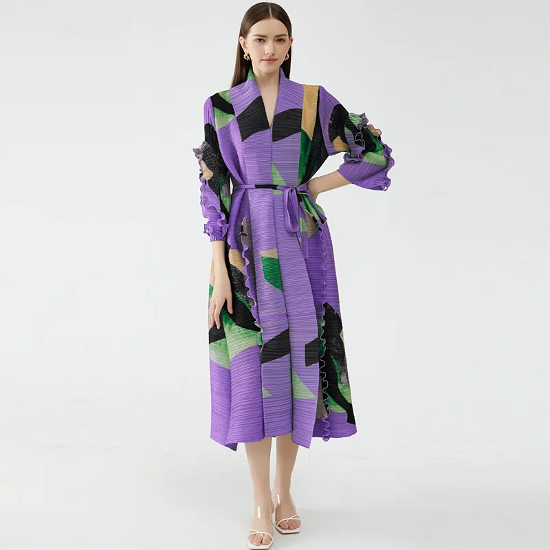 

P00110# EAEOVNI Autumn Women's Dress Loose Printed Pleats Mid Waist Lace Up Petal Sleeve A-line Skirt Fold Commuting Style