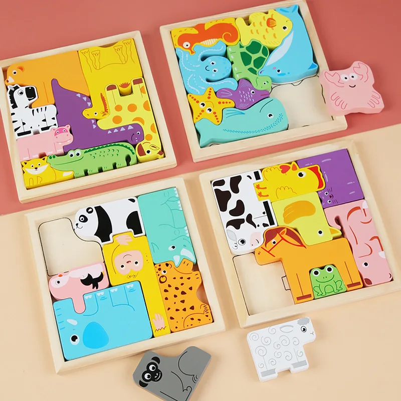 

2022 New Creative 3D Wooden Animal Shape Bear/Zebra/Dinosaur/Ocean Fish Jigsaw Puzzel Block for Toddlers Montessori Toy as Gifts