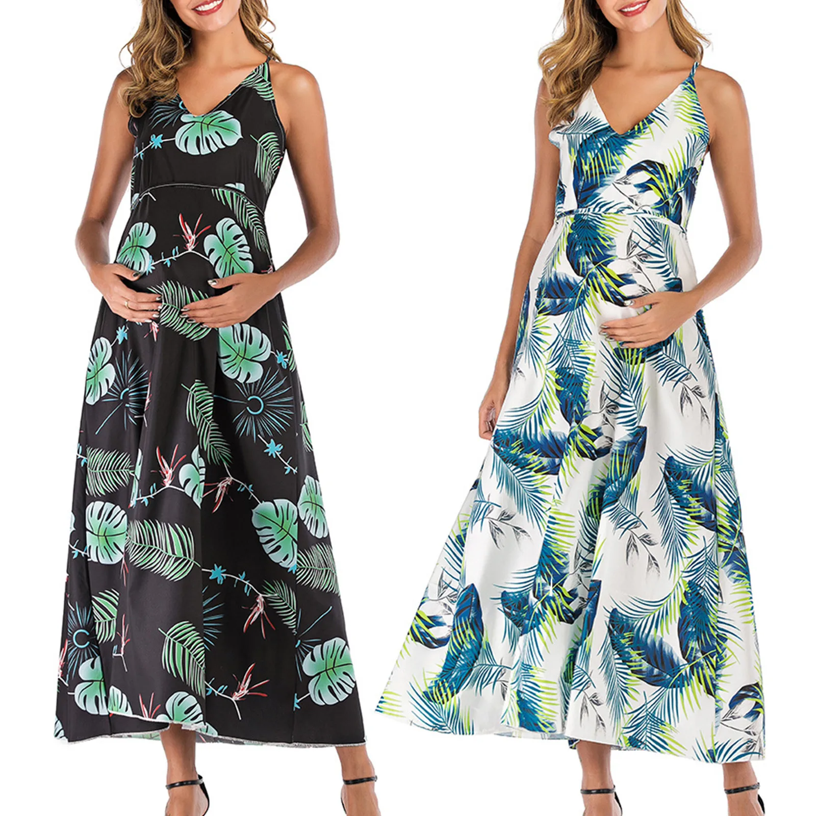 

Платье женское летнее с V-образным вырезом и принтом листьев