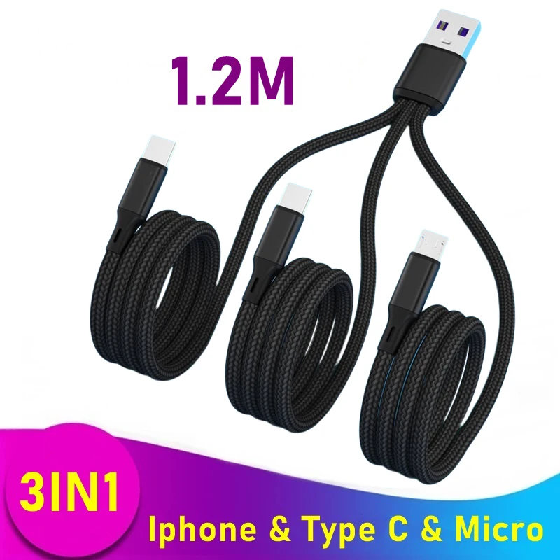 

3 in 1 USB Cables to Micro USB Type C LIGHTNING Universal Fast Charger Cables for Samsung Xiaomi IPhone OnePlus Total output 66W