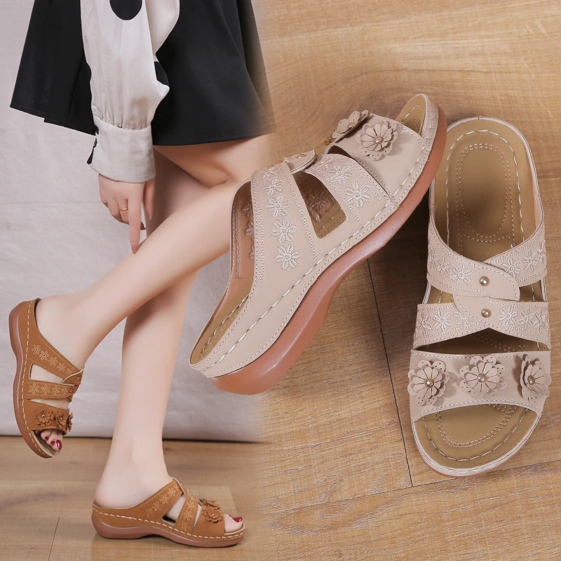 

Summer Women Wedge Sandals Premium Orthopedic Open Toe Slippers Vintage Anti-Slip Leather Casual Female Platform Retro Shoes New